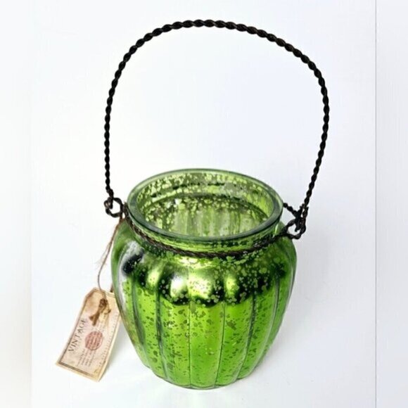 Vintage Collection Mercury Glass Lantern Hanging Tea Light Holder Green & Silver - Picture 2 of 11